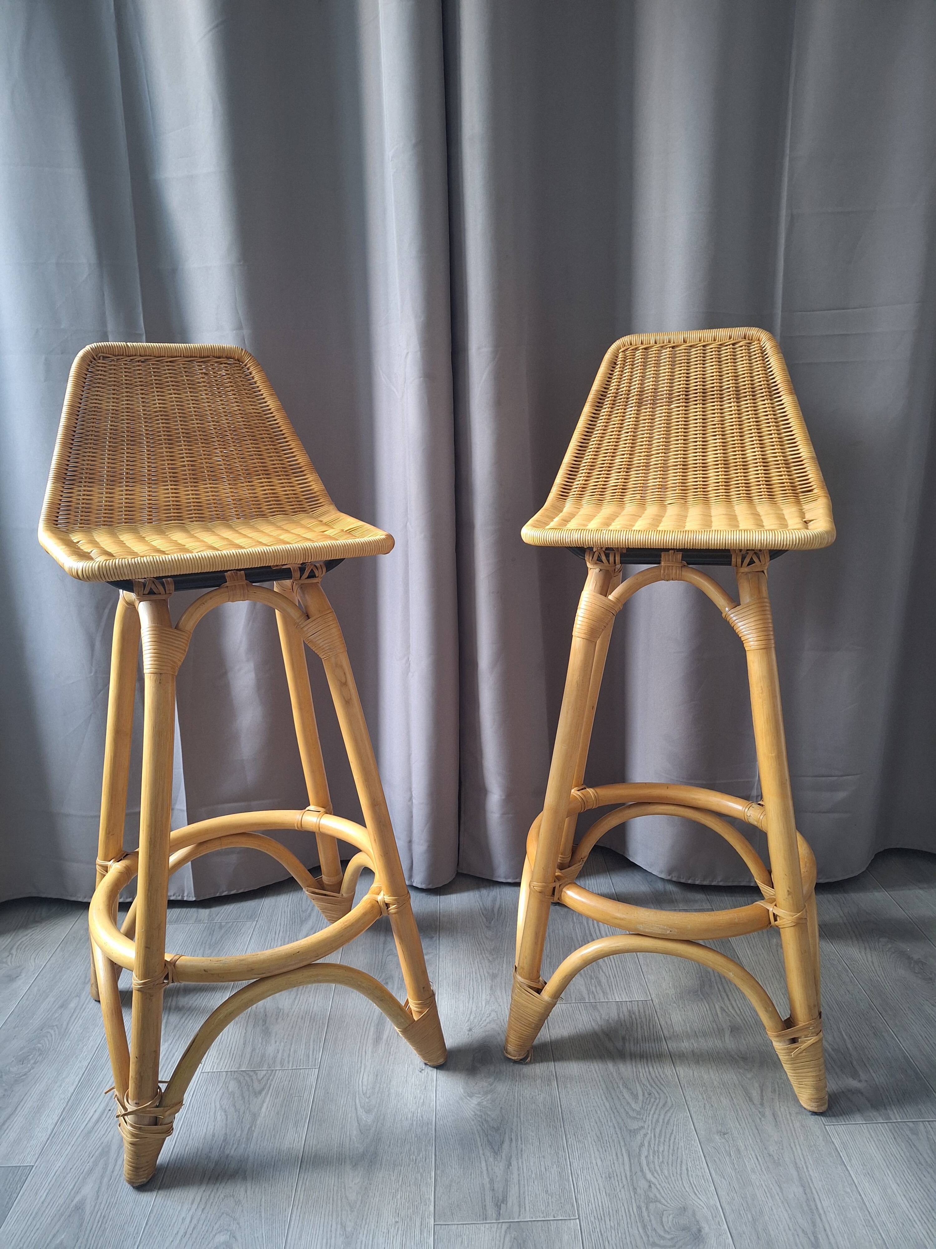 Pair of vintage stools in rattan & bamboo — 1950s