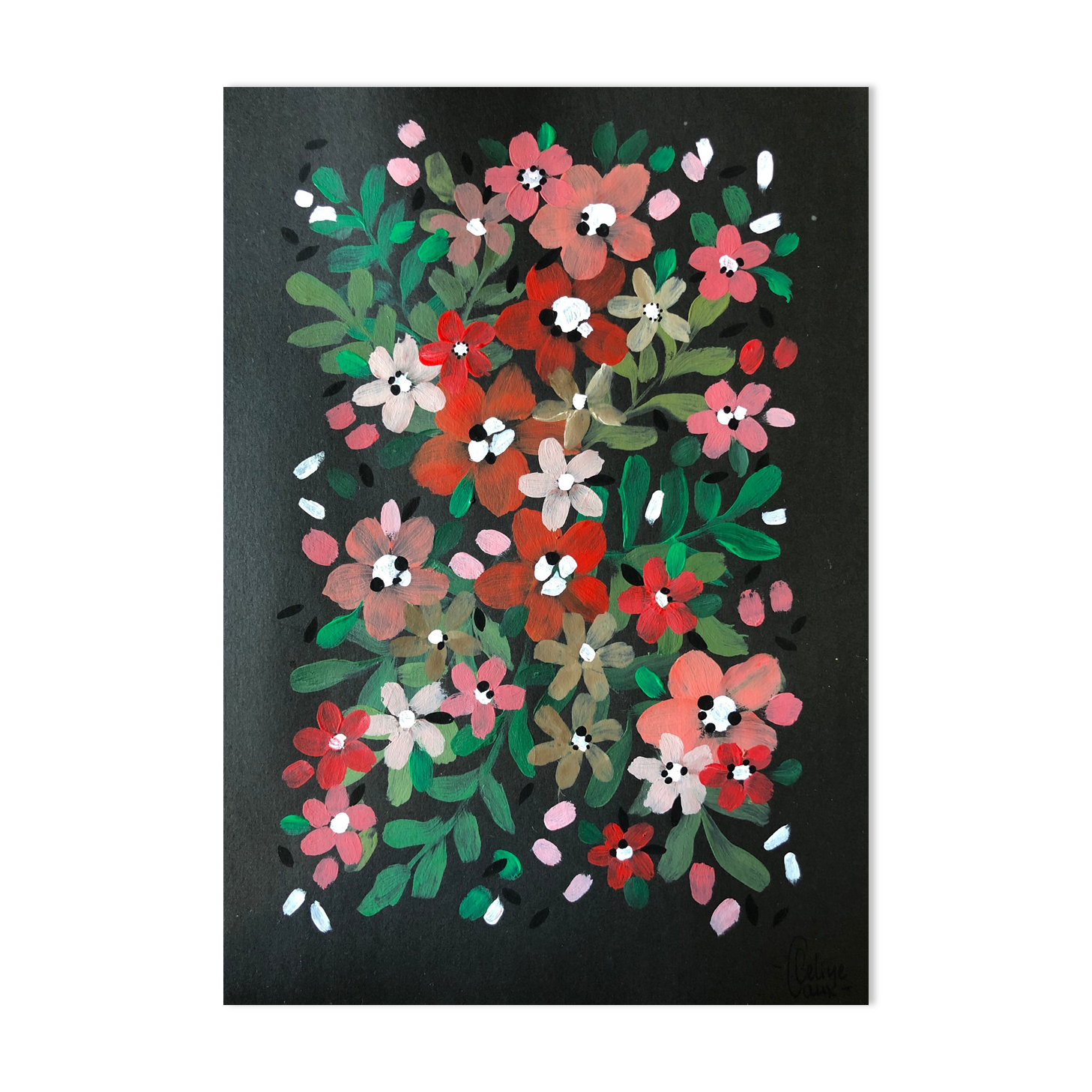 Peinture a4 fleurs roses et rouges