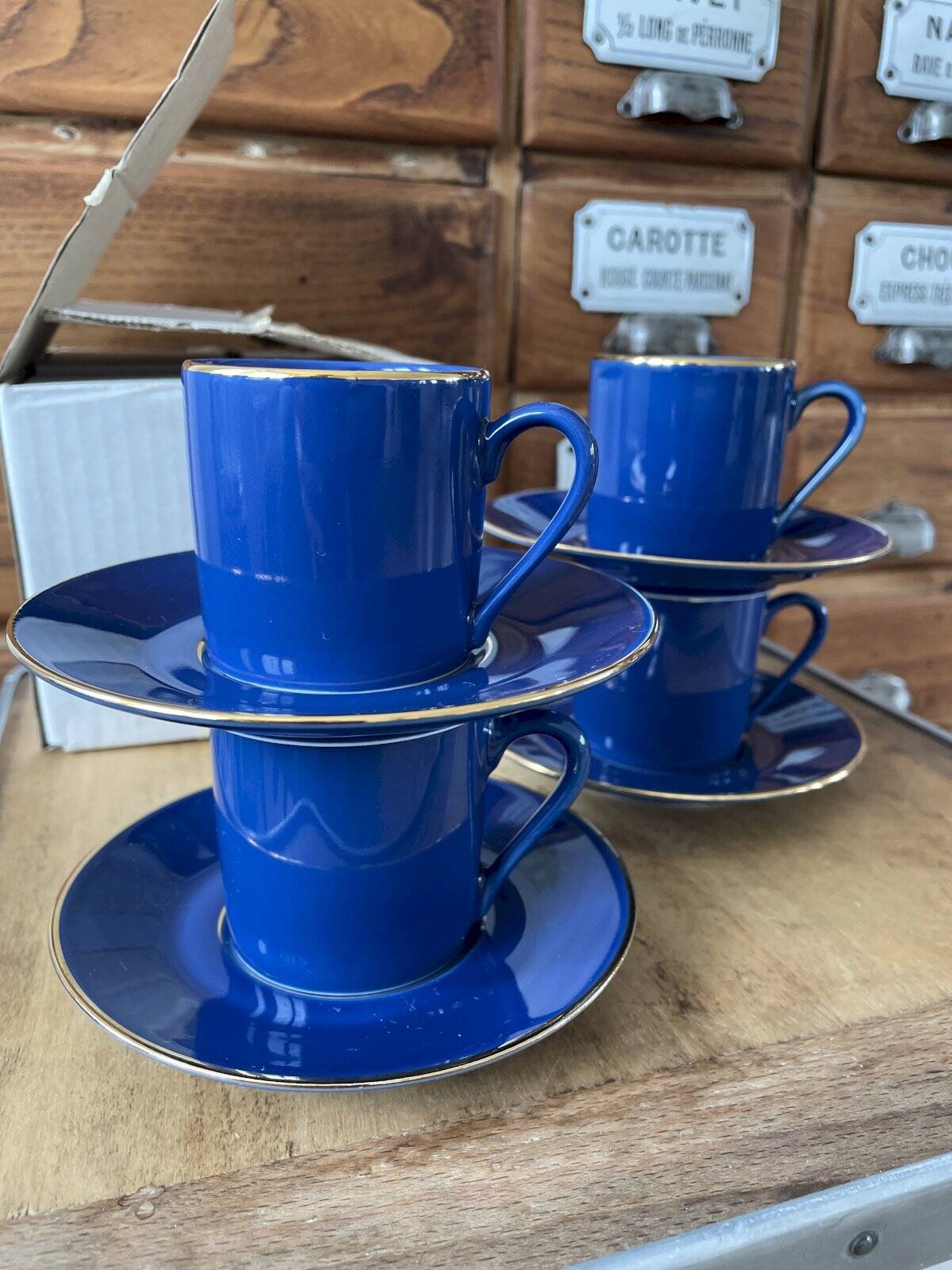 Set of 4 Guy Degrenne blue cups and saucers