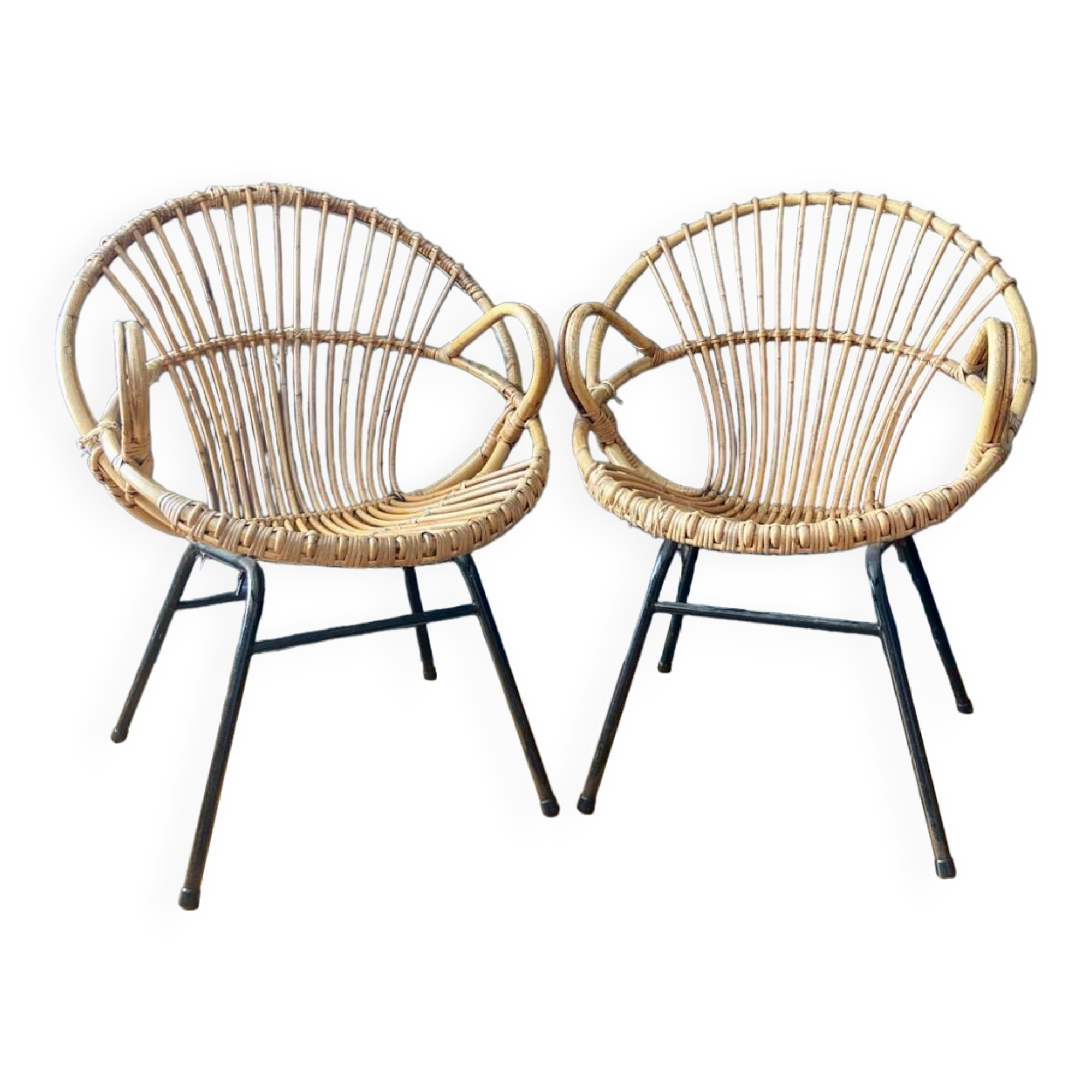 Pair of rattan basket armchairs - circa 1960.