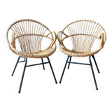 Paire de fauteuils corbeille en rotin - vers 1960.