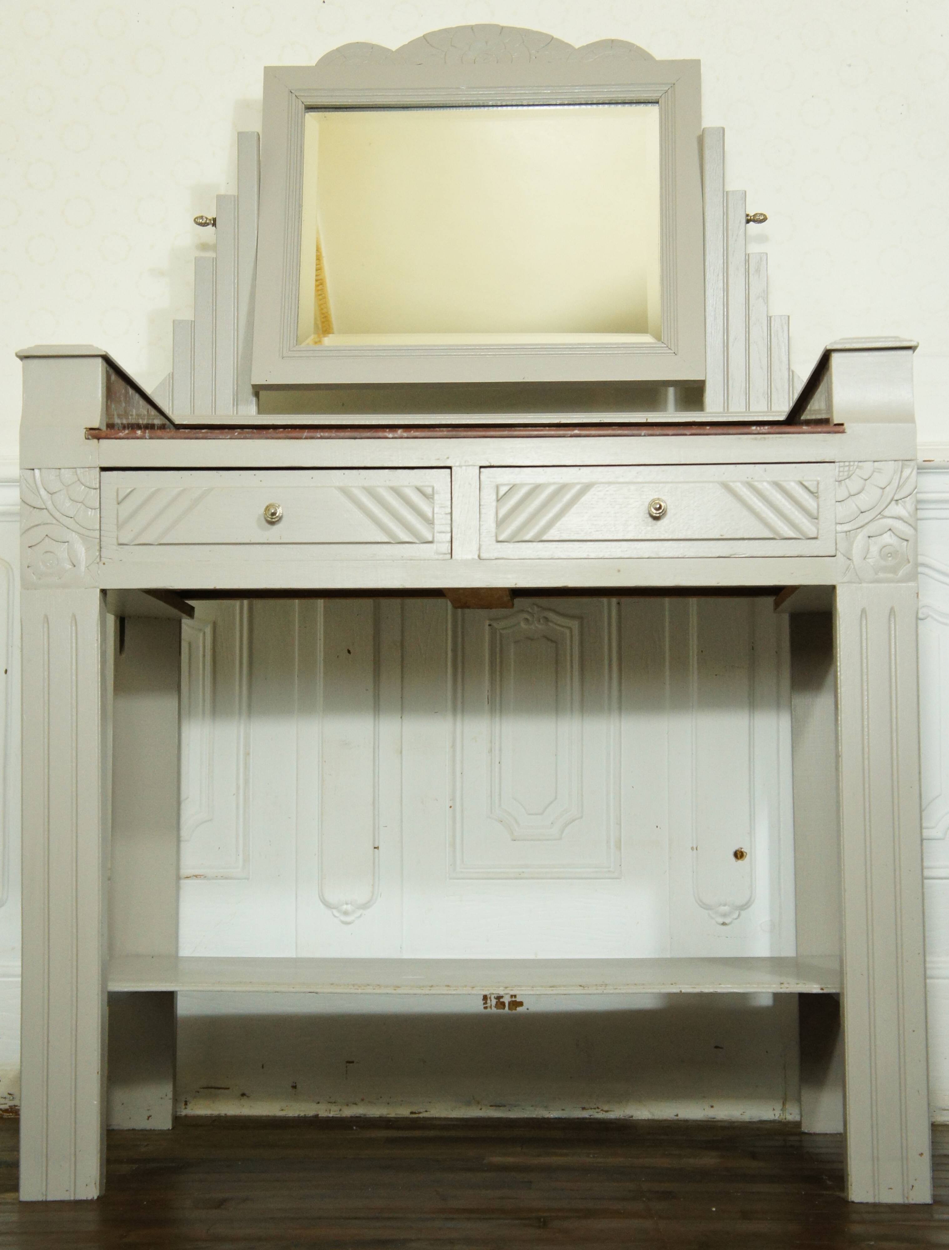 Coiffeuse Art Deco marbre rouge et miroir pivotant