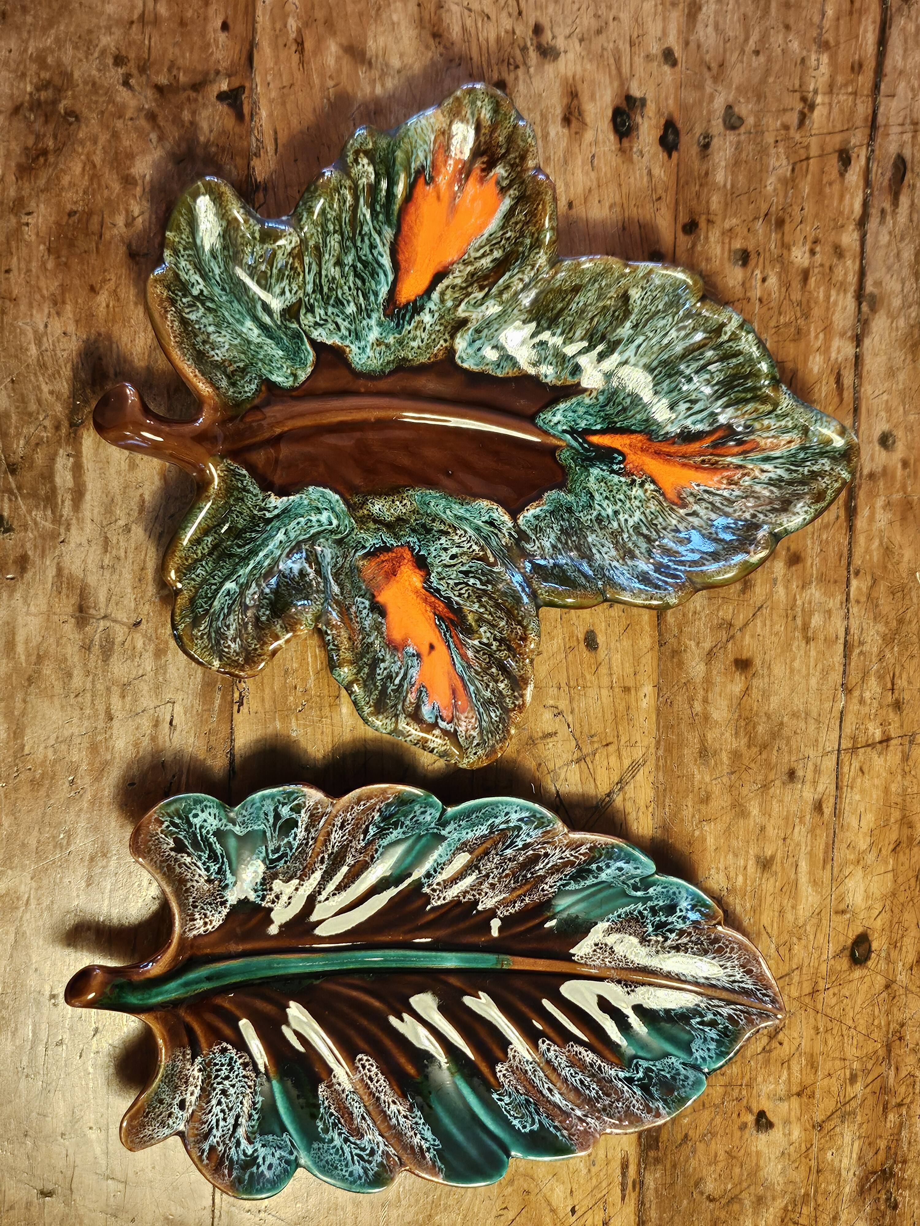 Set of 2 leaf-shaped ceramic dishes from Vallauris.