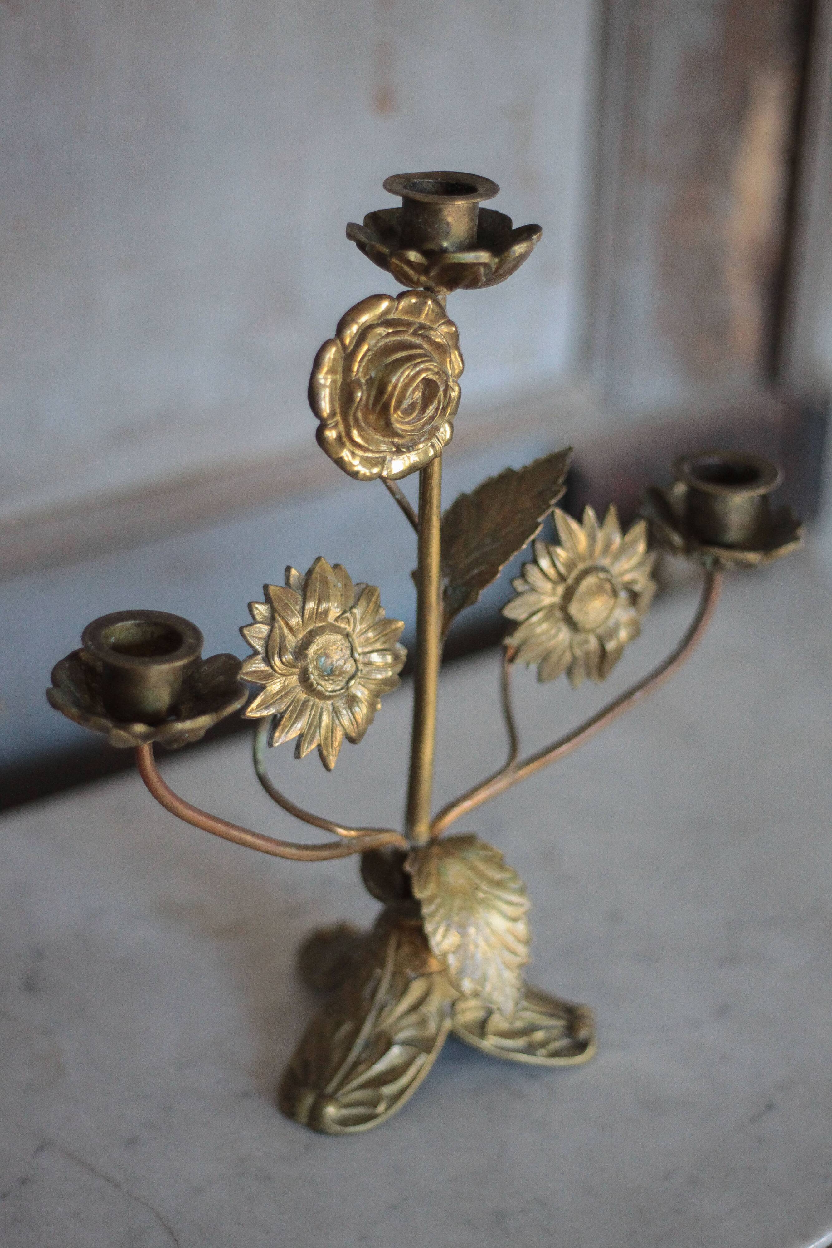 Brass candelabra with flowers, 3 candlesticks, church candle holder