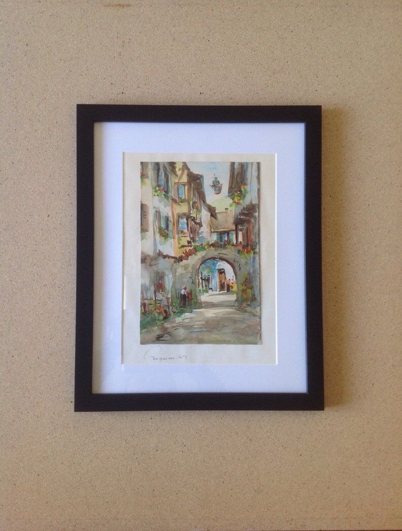 Watercolor by Alfred Doll representing "Riquewihr, rue Juifs" 30X37cm