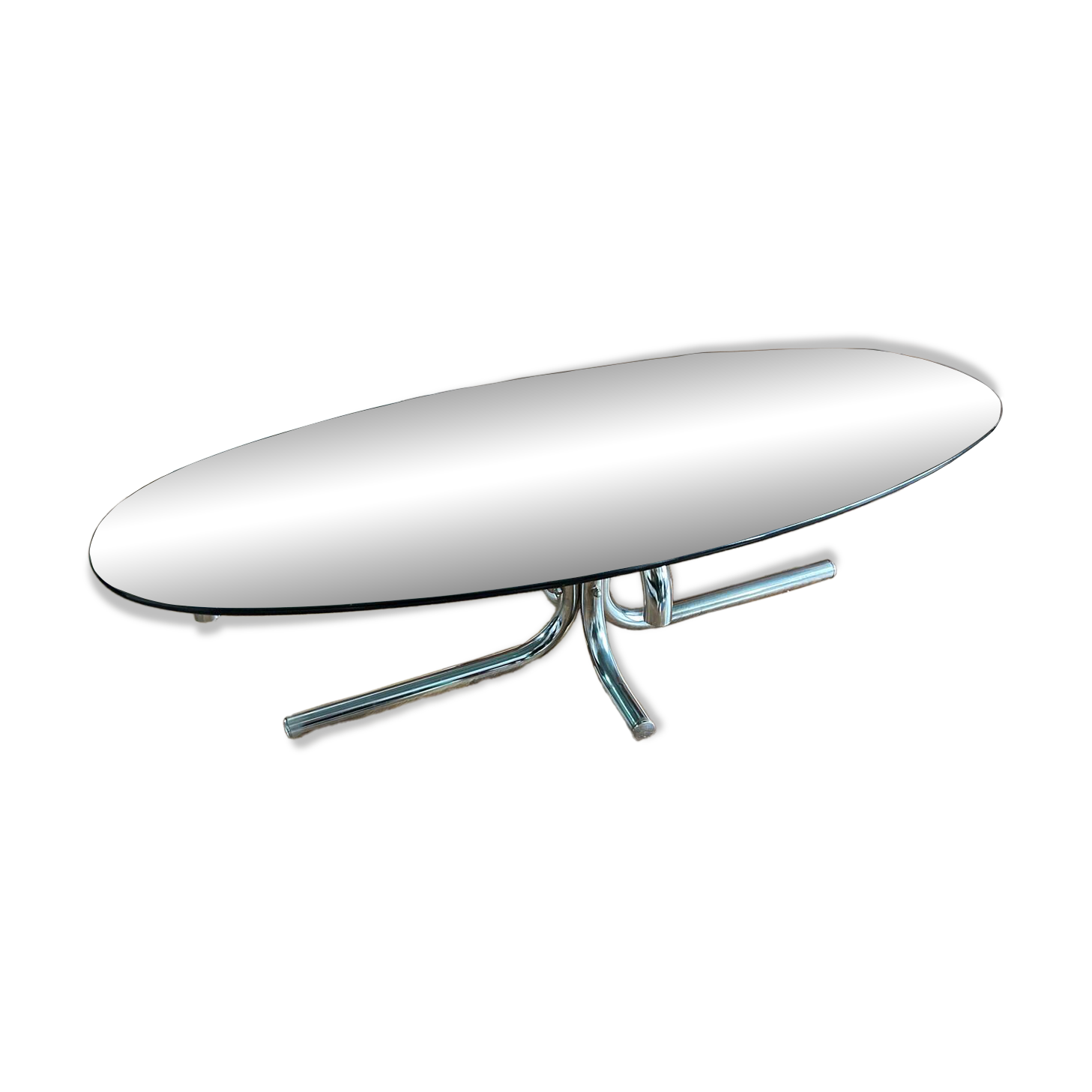 70s design oval coffee table in smoked black glass with chrome legs.