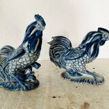 Pair of ceramic roosters in blue camaieu 20th century