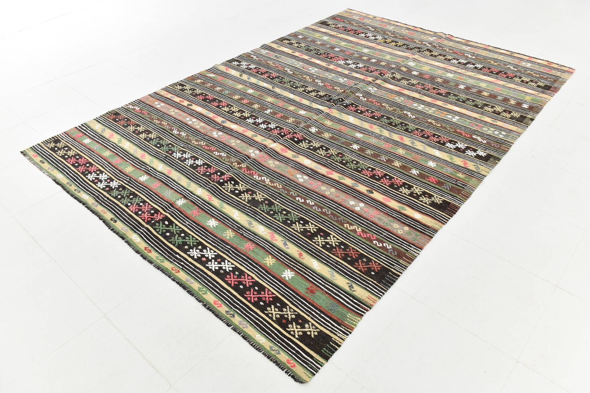 Tapis kilim bohème marron 7x10, motif ethnique, 202x304 cm