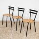 Set of 3 mid-century Italian stackable chairs in black steel and wood, made in Italy, 1970s.