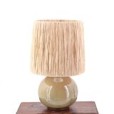 Lampe en céramique beige, abat jour en raphia, années 70