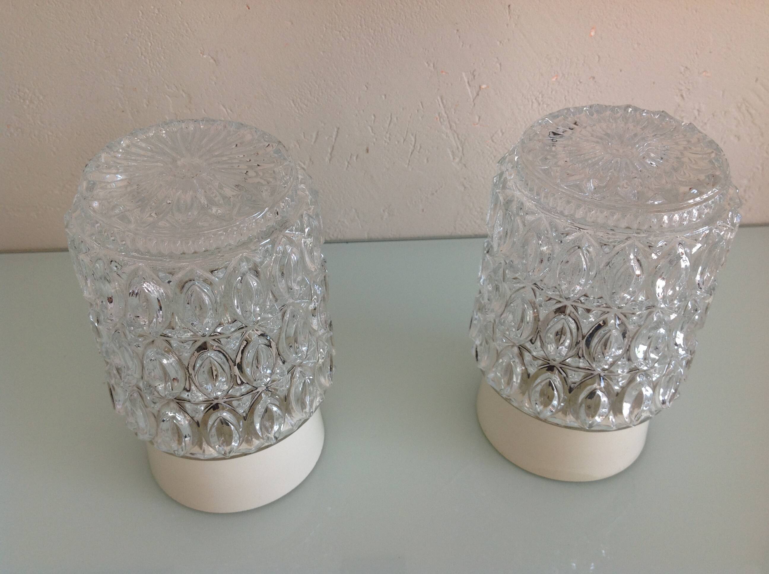 Pair of cylindrical structured glass ceiling lights / vintage 60s-70s