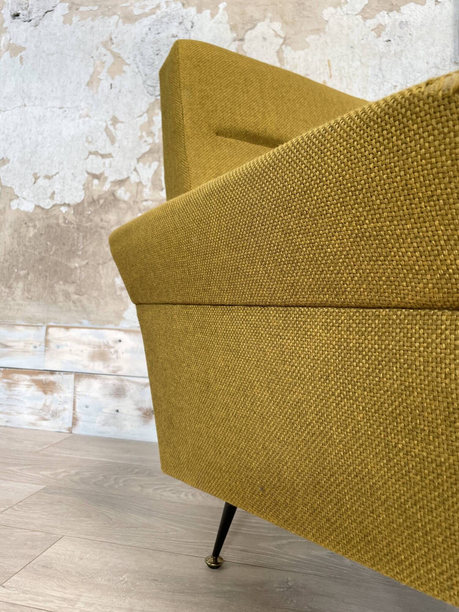 Vintage armchair in fabric and metal compass legs, circa 1950.