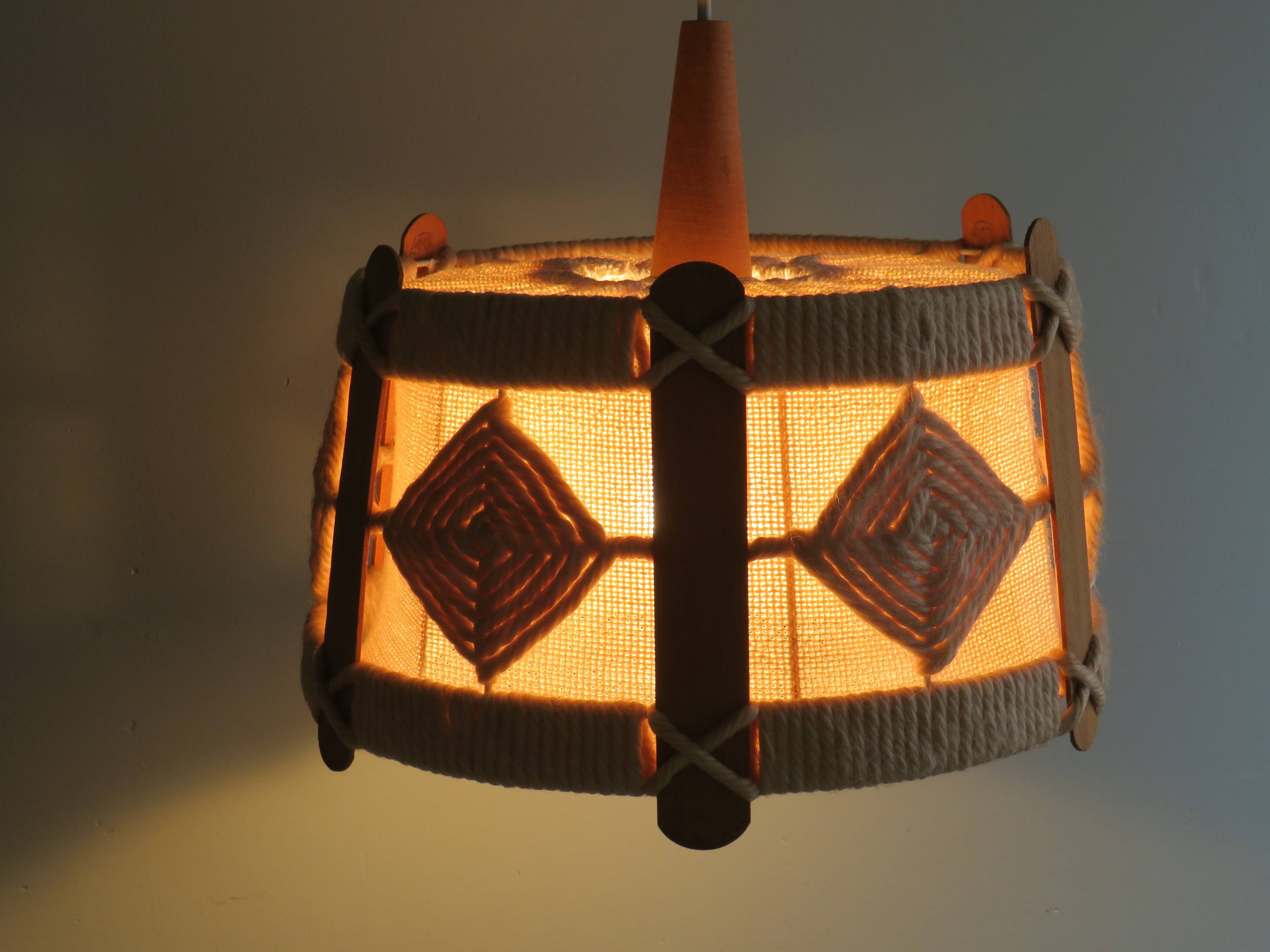 Suspension vintage en jute, teck et corde, 1960
