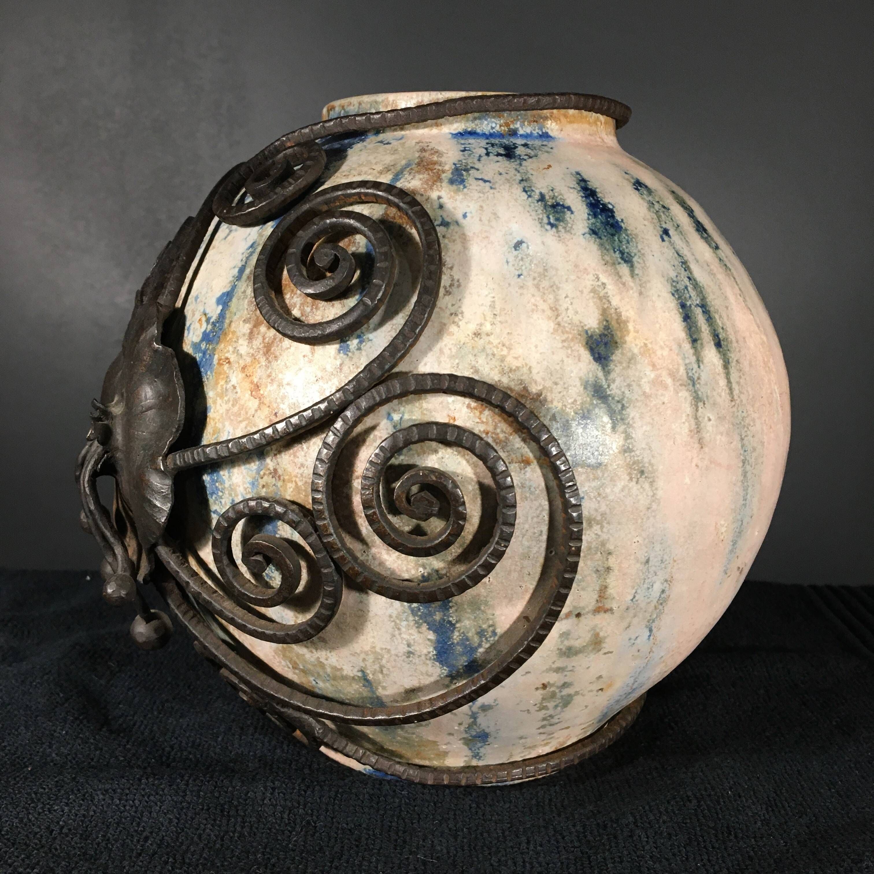 Roger Guérin & François Carion, Art Deco Ball Vase, Bouffioulx Stoneware and Wrought Iron, Ca 1925