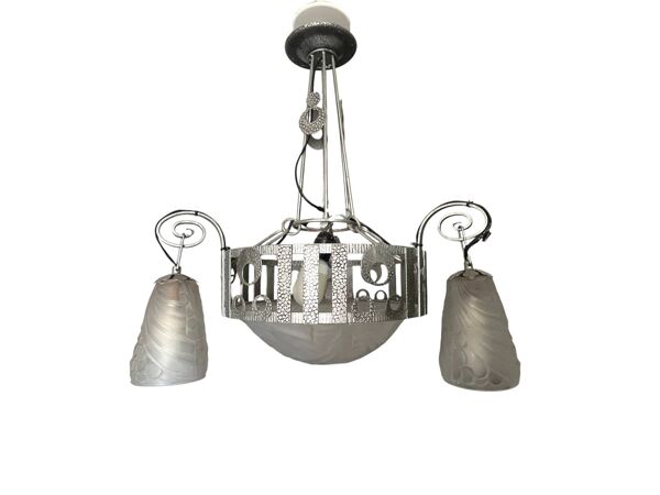Art déco, lustre 4 feux fer forgé verre pressé Dugué Negra vers 1930