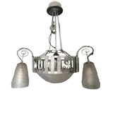 Art Deco, 4-light chandelier, wrought iron, pressed glass, Dugué Negra, circa 1930.