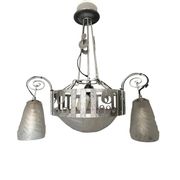 Art Deco, 4-light chandelier, wrought iron, pressed glass, Dugué Negra, circa 1930.