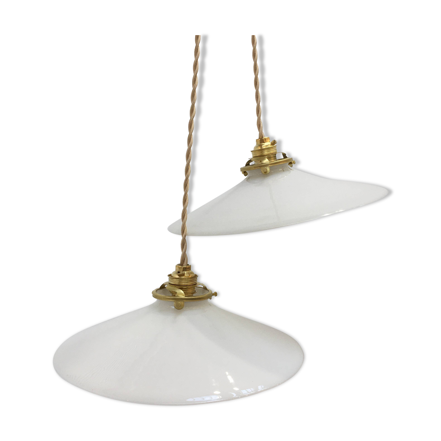 Series of two vintage pendant lights in white opaline