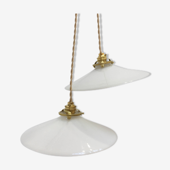 Series of two vintage pendant lights in white opaline