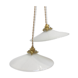 Series of two vintage pendant lights in white opaline