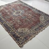 Tapis oriental vintage 205x300 cm, laine nouée à la main, tons rouge bleu beige, tapis turc