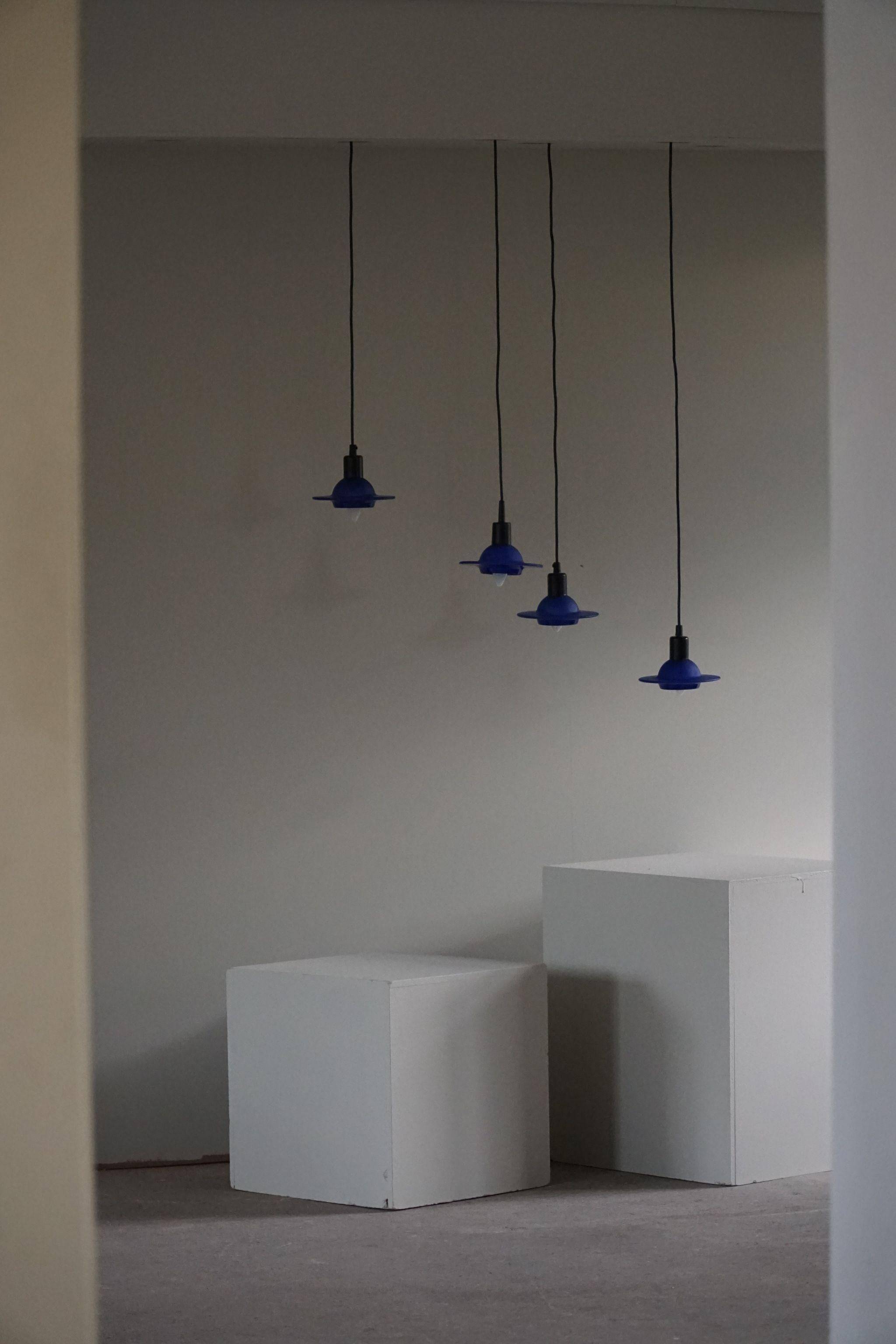 Set of 4 vintage blue glass pendants, made by Design Light A/S, Denmark, 1990s.