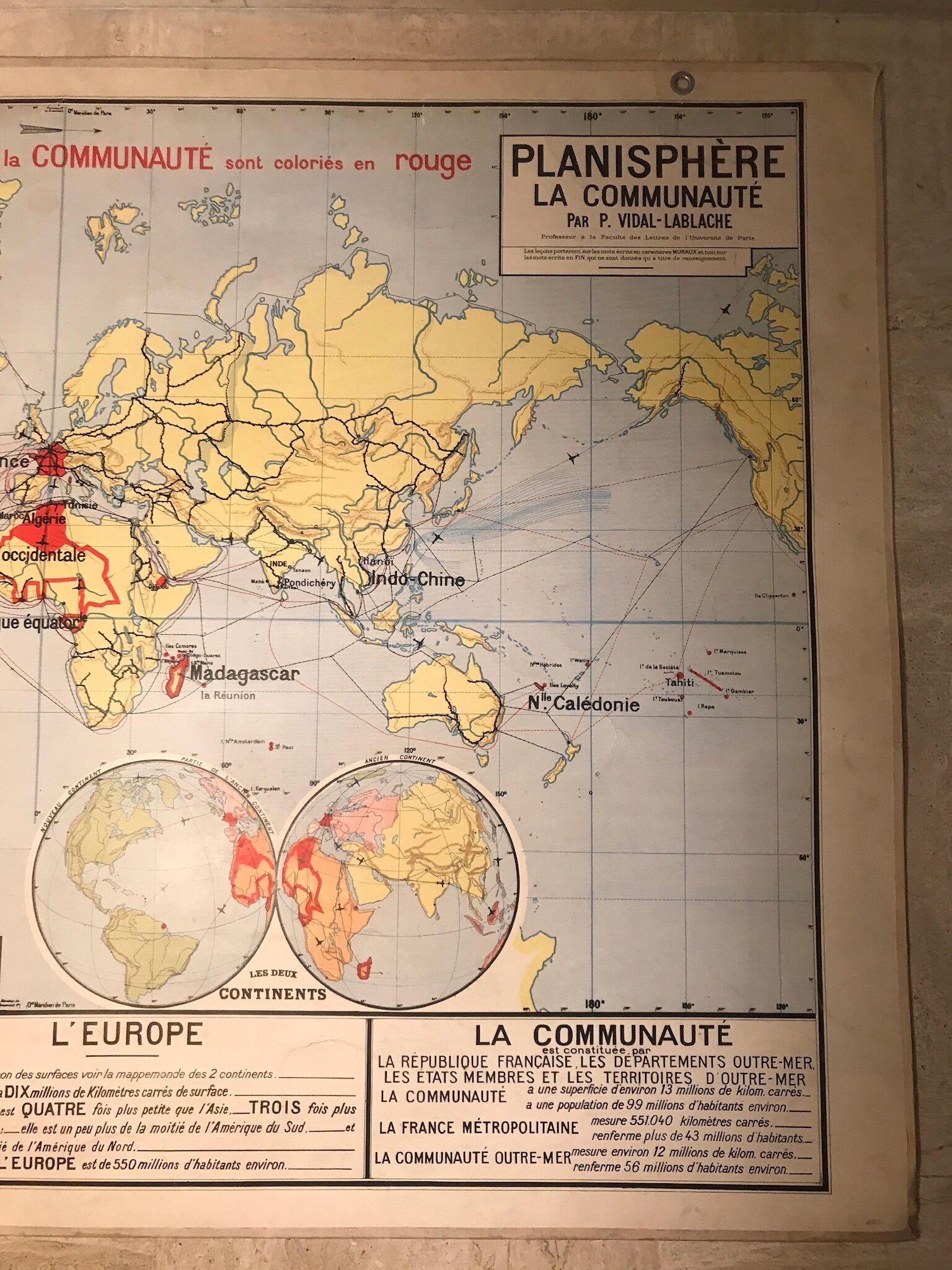 School planisphere Vidal-Lablache 1955 map