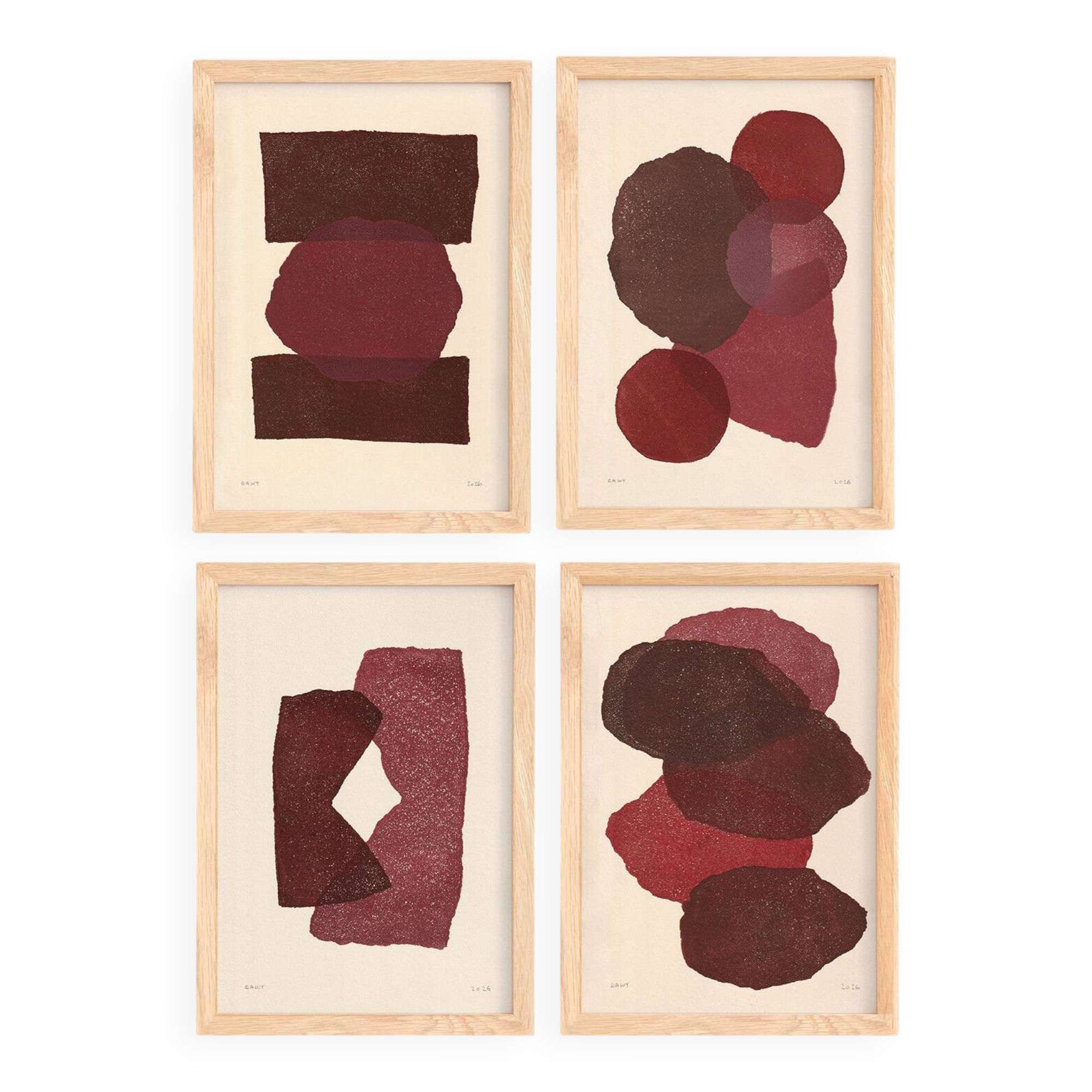 Collection of 4 abstract paintings in wine red signed Eawy.