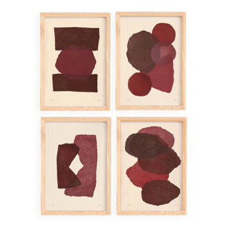 Collection of 4 abstract paintings in wine red signed Eawy.