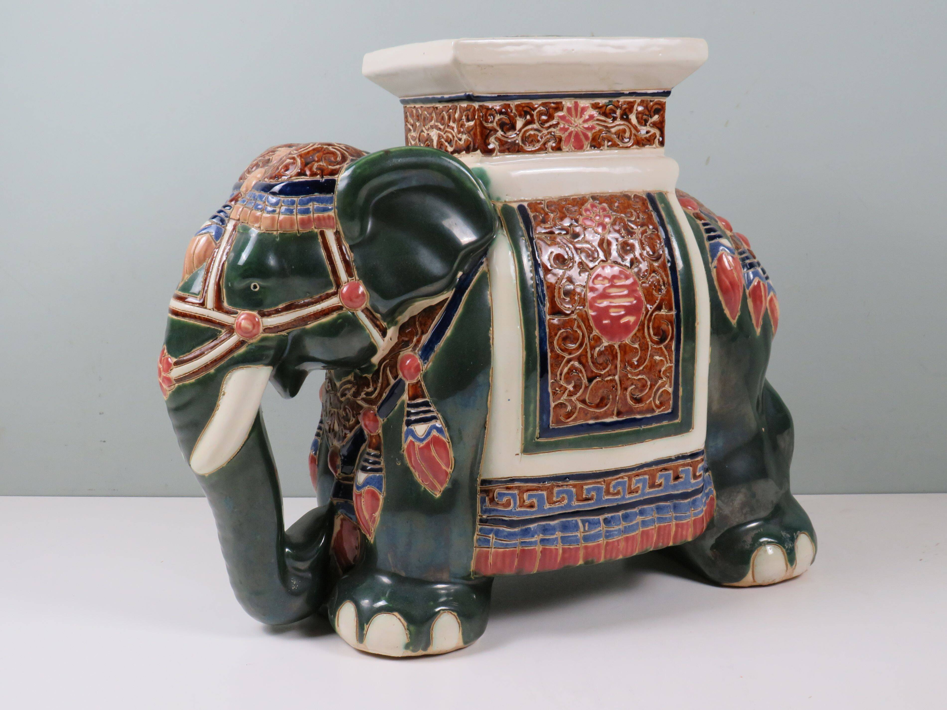 Large vintage ceramic elephant in glazed finish, stool or side table.