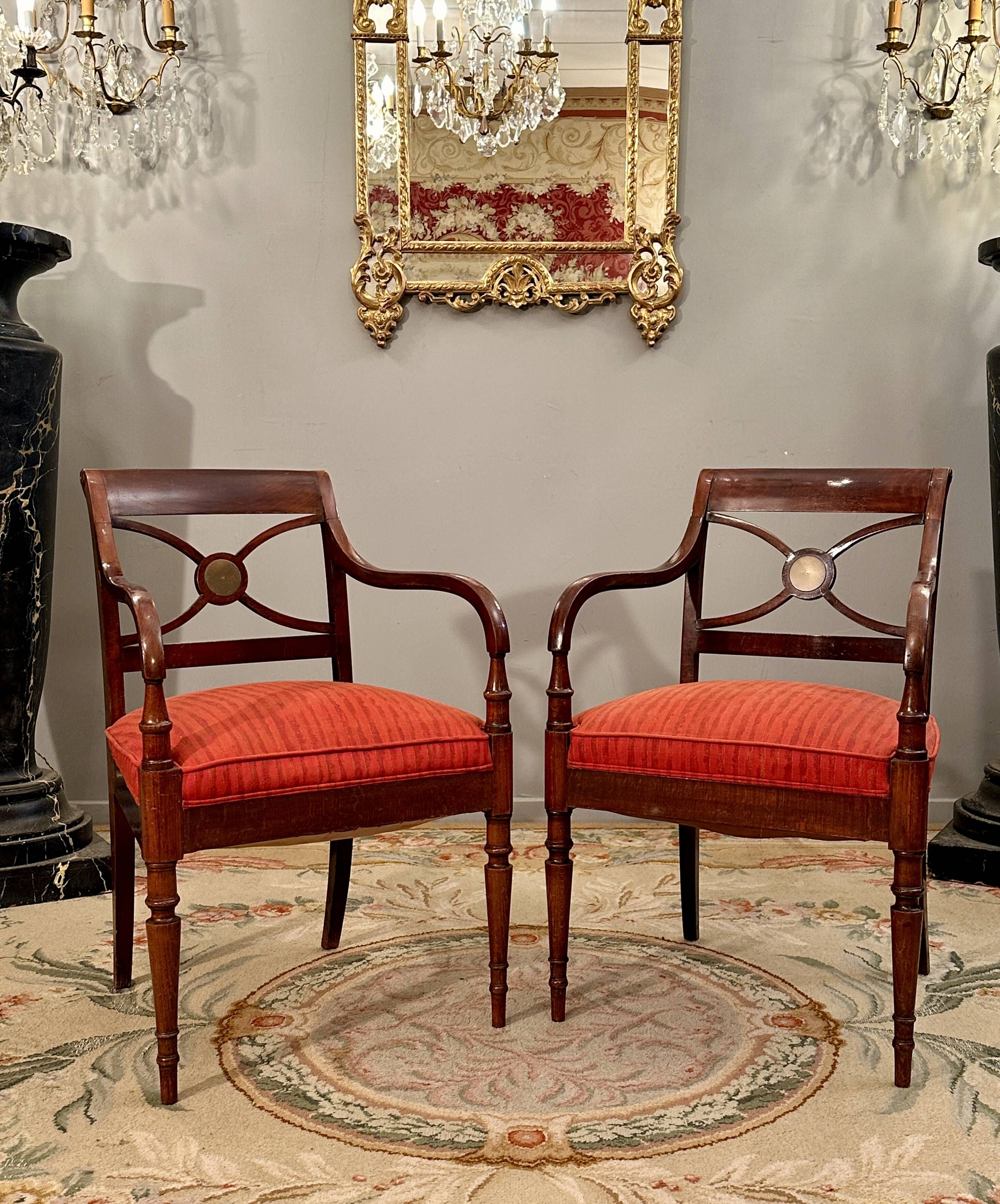 Maurice Hirch, Pair Of Stamped Mahogany Armchairs, 20th Century