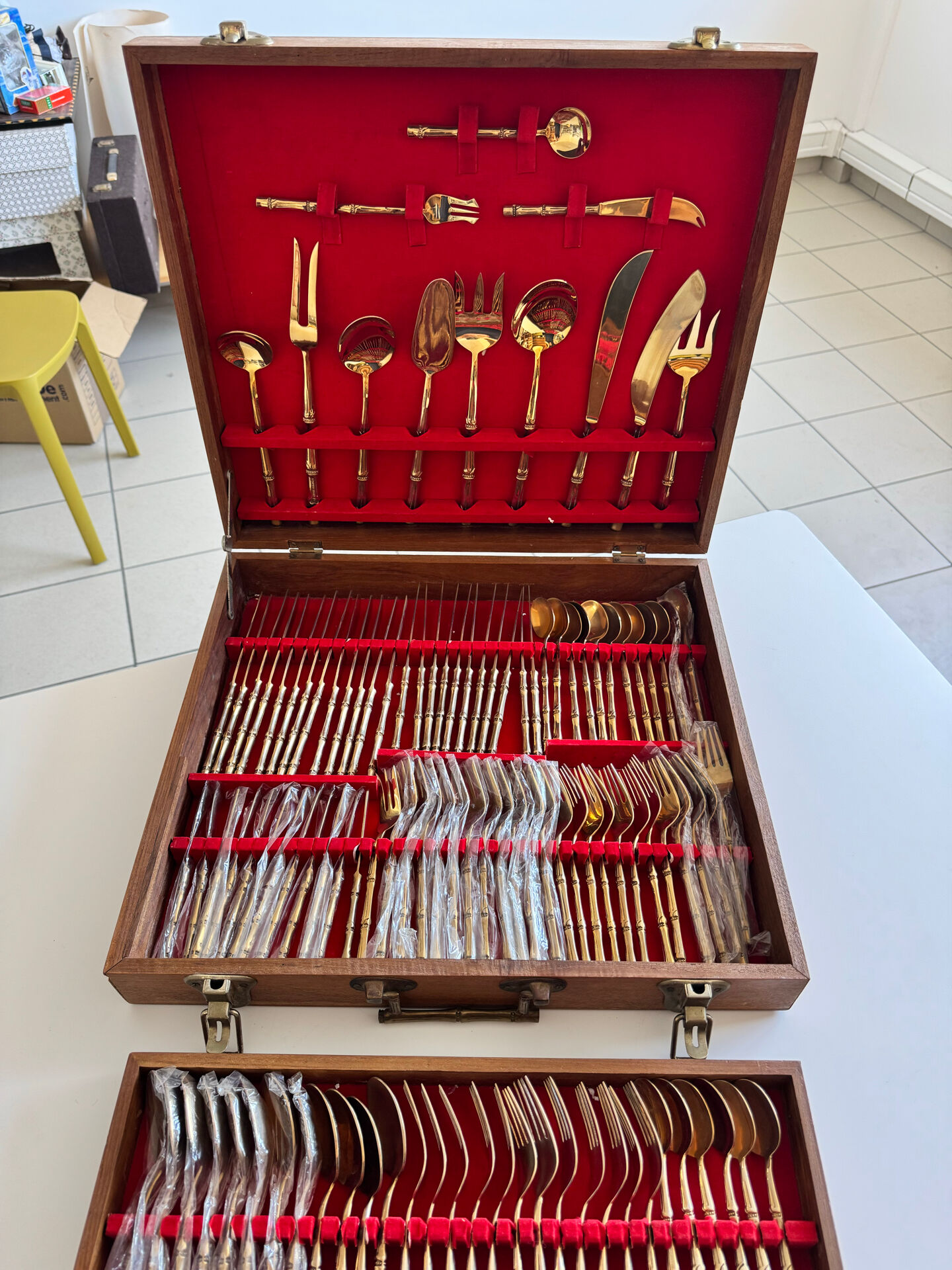 Ménagère complète Nickel Bronze doré Bambou coffret Vintage