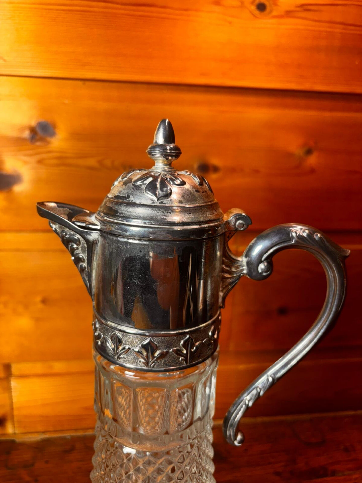 Beautiful moulded glass carafe jug, silver-plated mount, vintage.