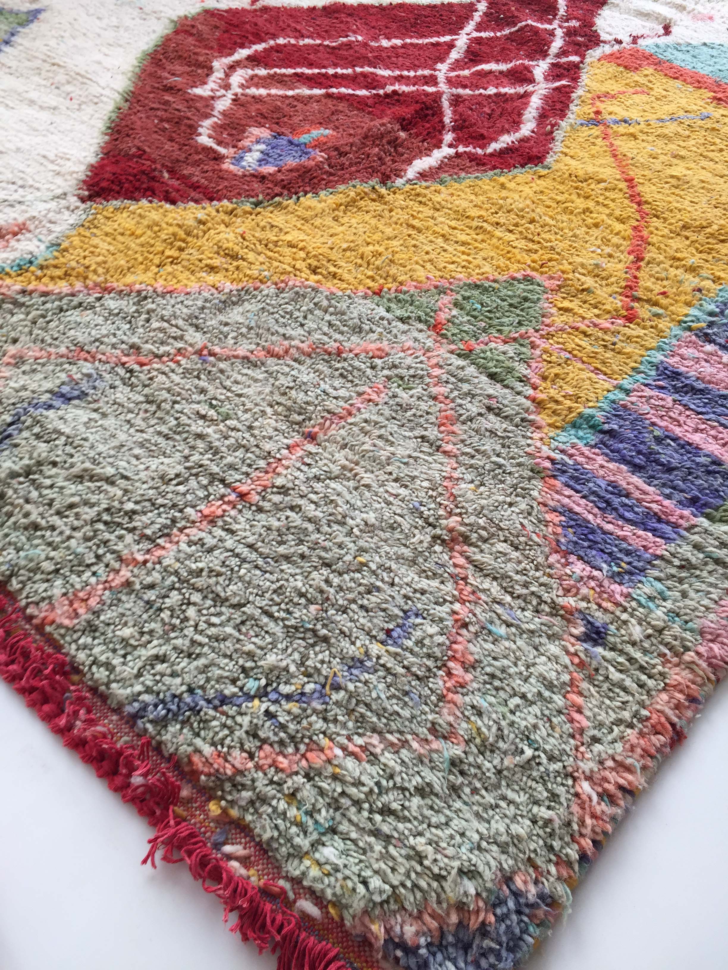 Moroccan Berber carpet Boujaad ecru with colorful patterns 292x197cm