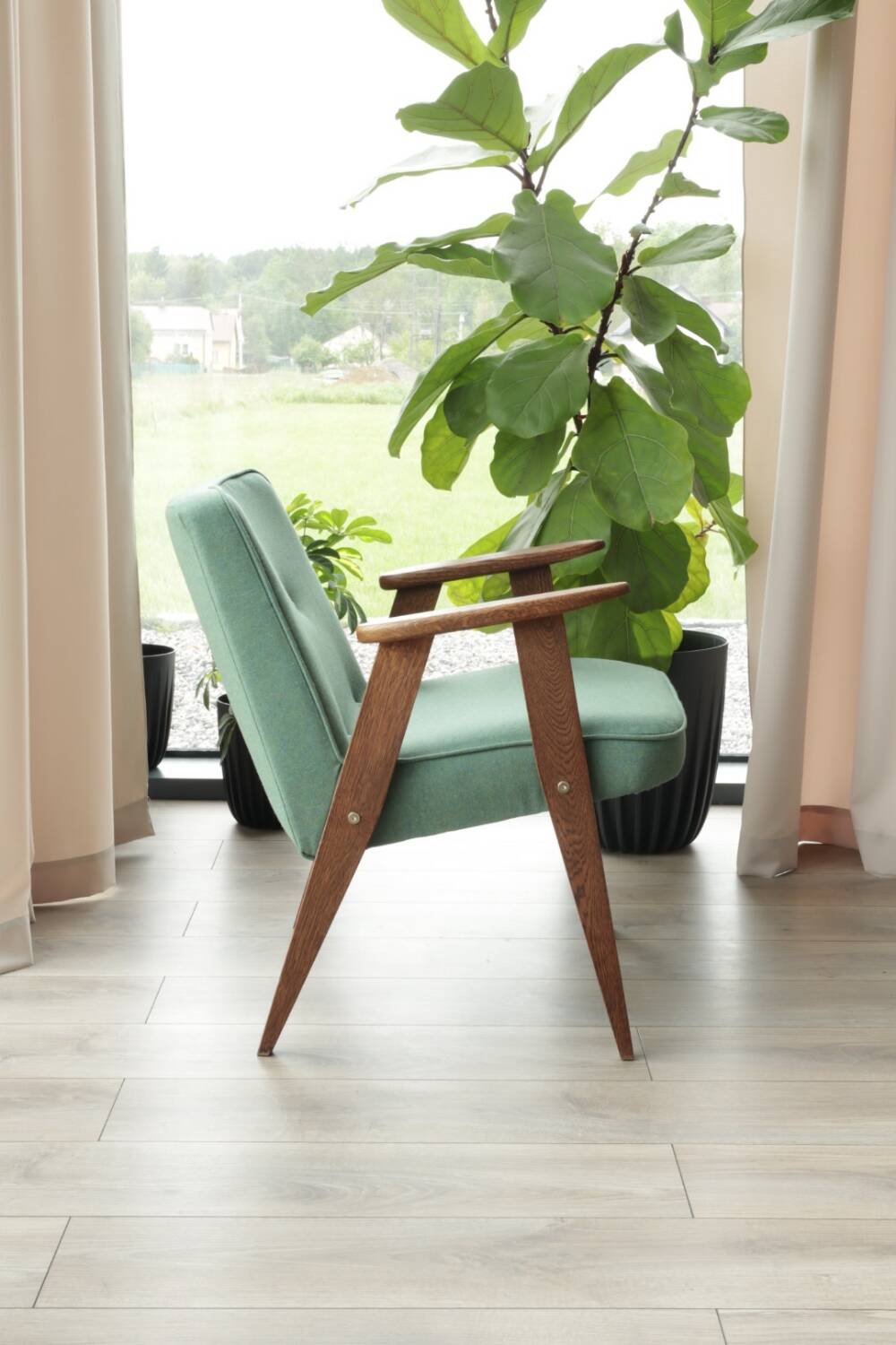 Vintage rustic oak armchair in green wool, 1960s