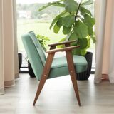 Vintage rustic oak armchair in green wool, 1960s