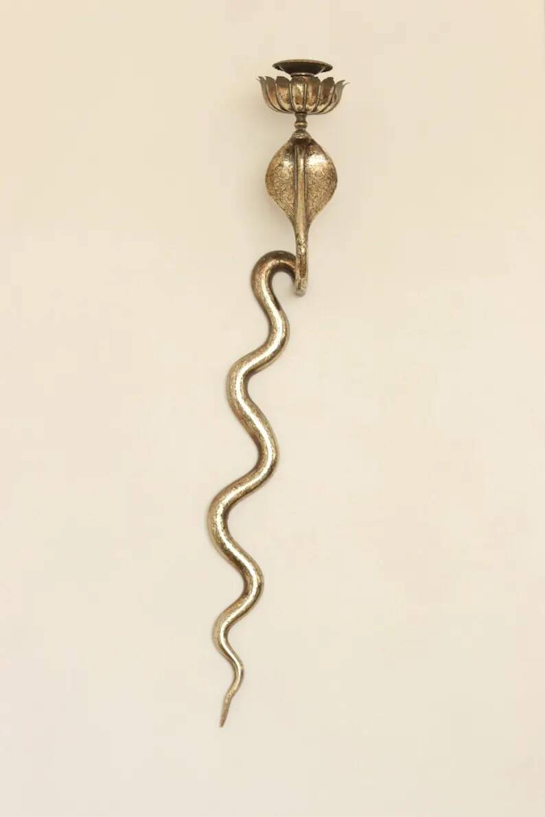 Pair of Neo-Egyptian Style Engraved Brass Wall Sconces Featuring Cobras