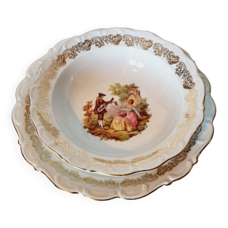 Salad bowl and saucer with Frangonard Romantic Scene with designs and edges in 24 carat Gold