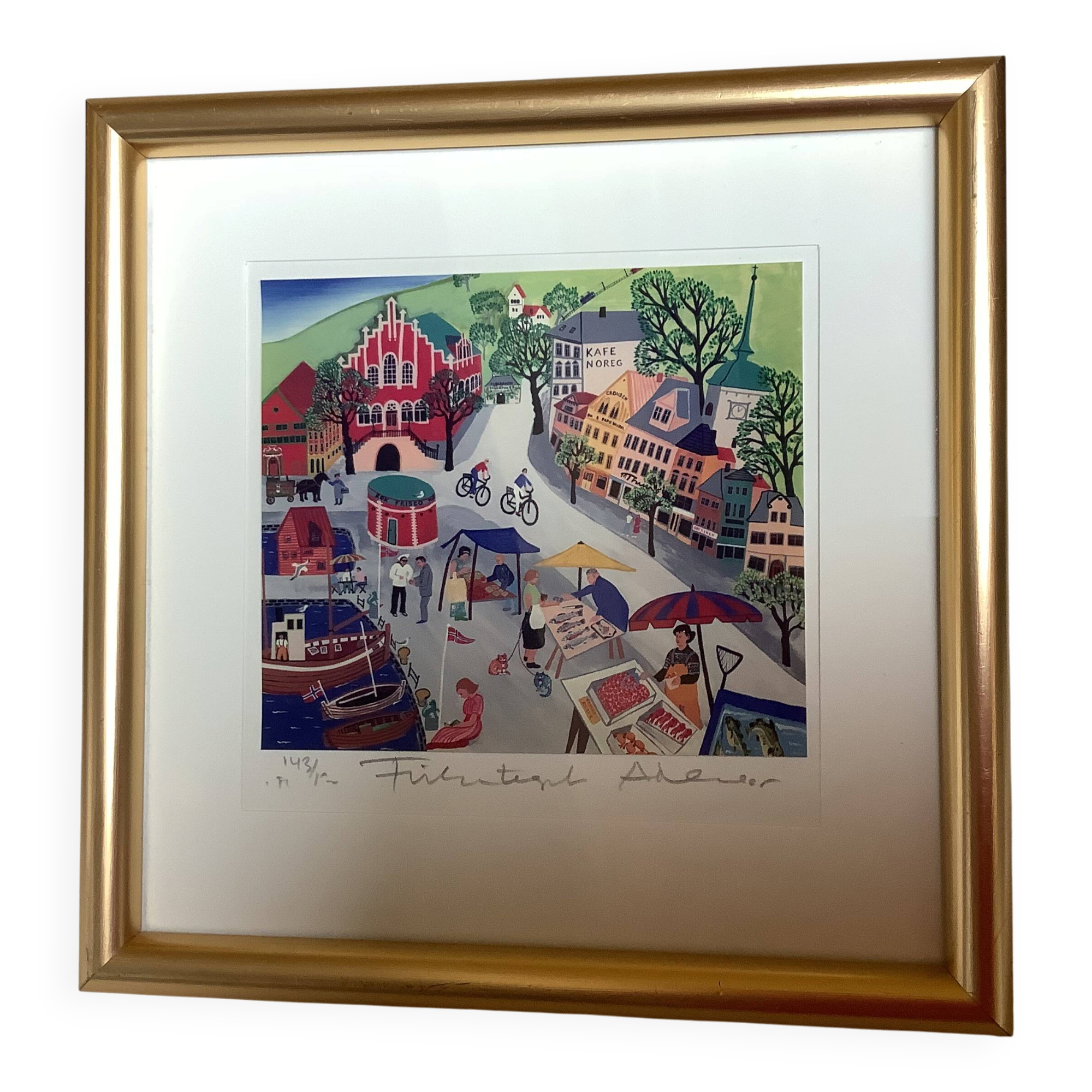 Lithograph illustration by Arvid Norendal of the market in Bergen.