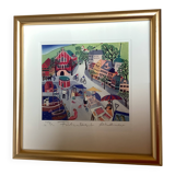 Lithograph illustration by Arvid Norendal of the market in Bergen.