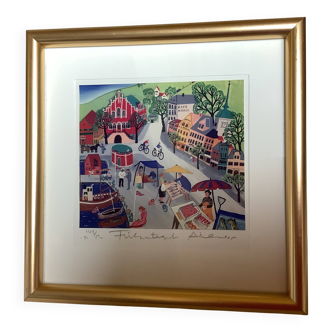 Lithograph illustration by Arvid Norendal of the market in Bergen.