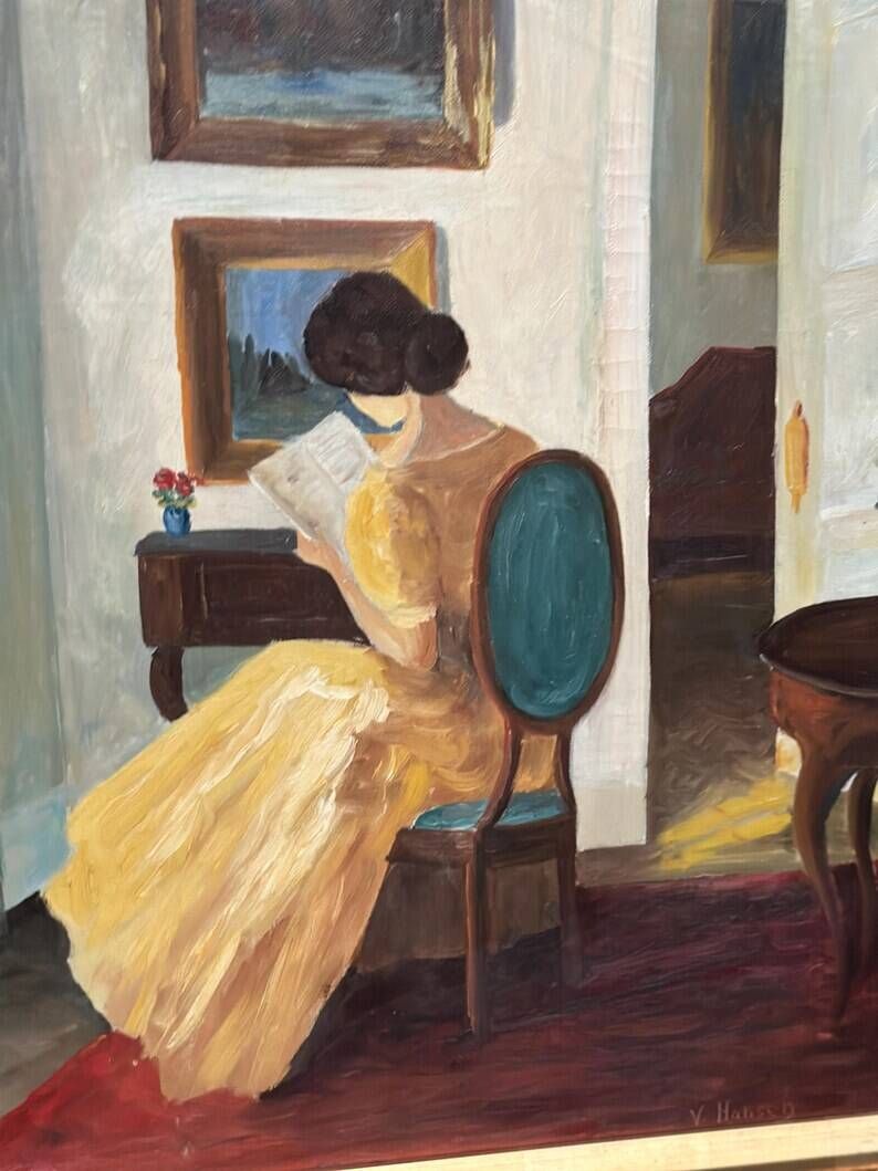 Large Original Swedish Oil on Canvas – “Interior with Reading Woman” by V. Hansen – Signed – Vintage & Framed