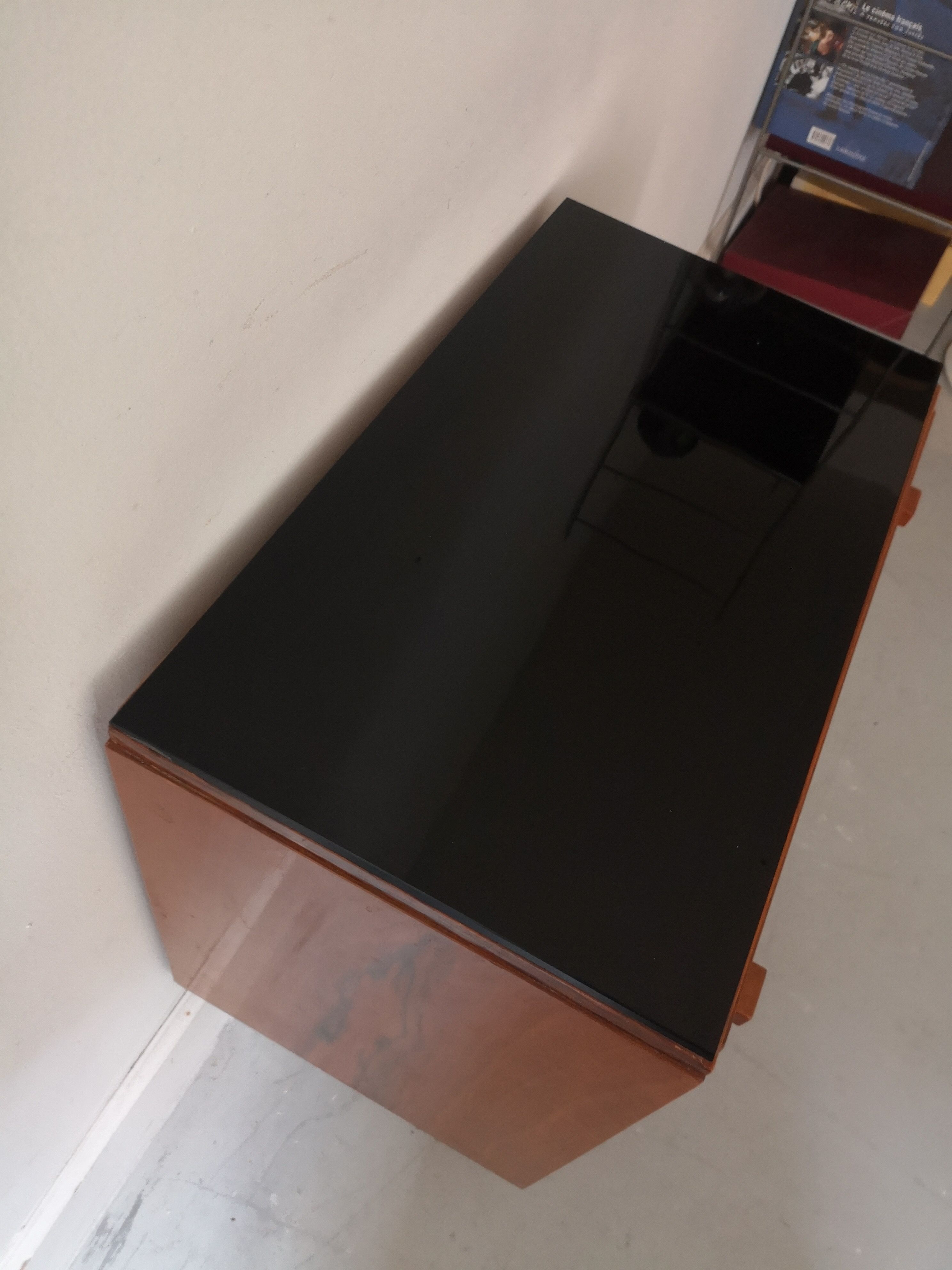 Chest of drawers in rosewood and vintage mid-century black glass, czechoslovakia 1970