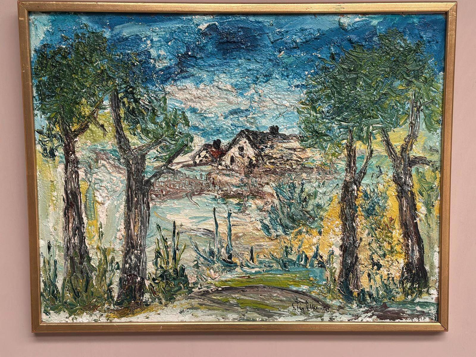Original Mid Century Swedish Oil On Panel – “Cottage Between Trees” By Stig Allan – Vintage & Framed