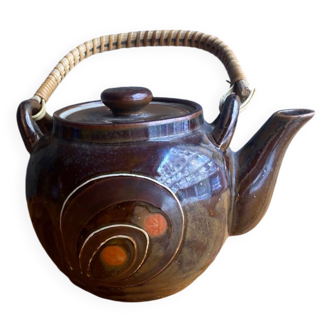 70's ceramic and rattan teapot