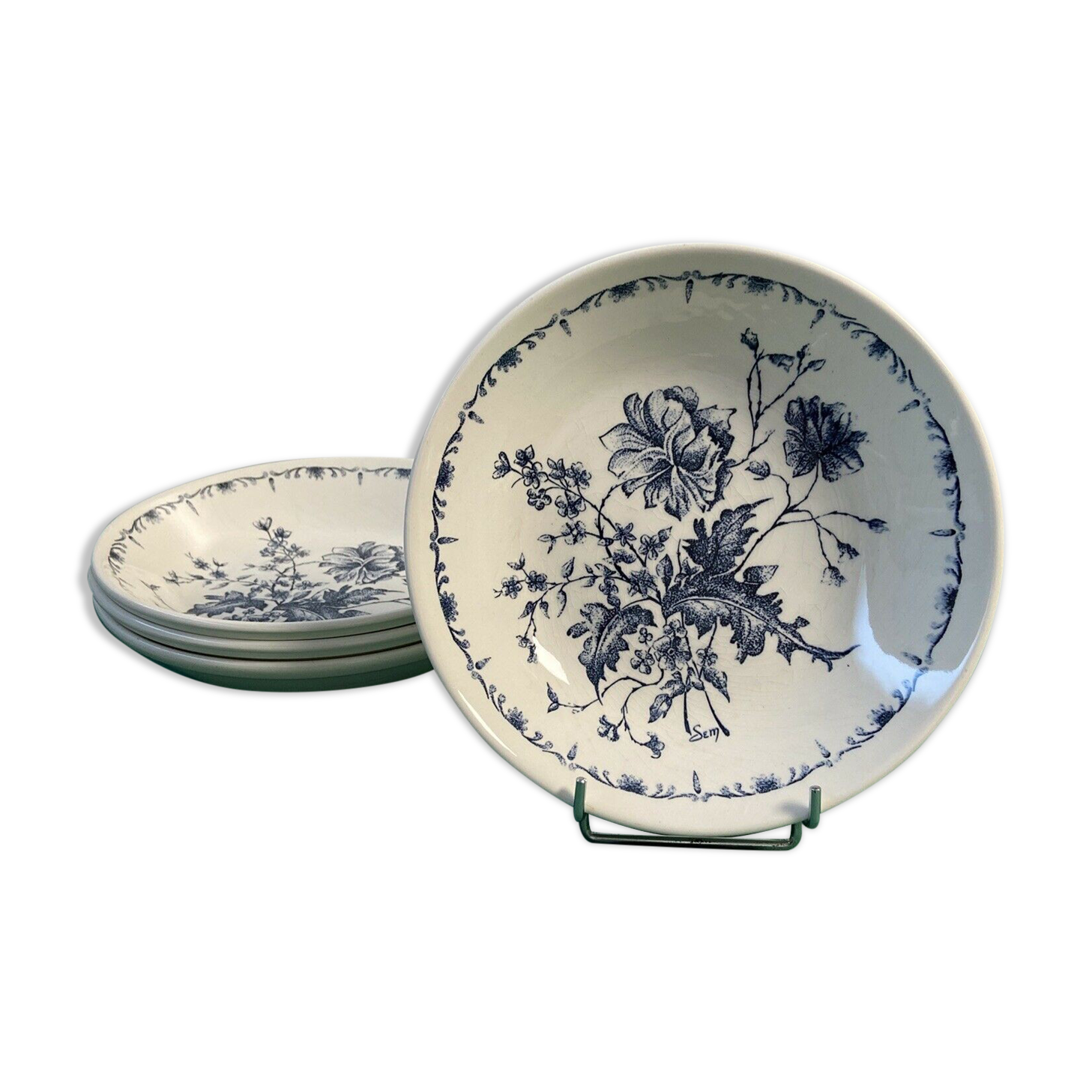 Set of 4 hollow plates Gien France vintage blue floral decorations signed