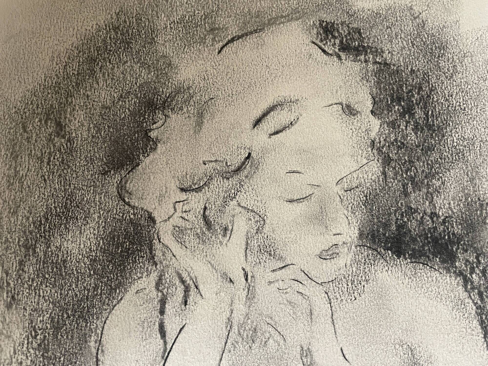 Charcoal painting signed portrait of woman combing her hair