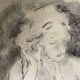 Charcoal painting signed portrait of woman combing her hair