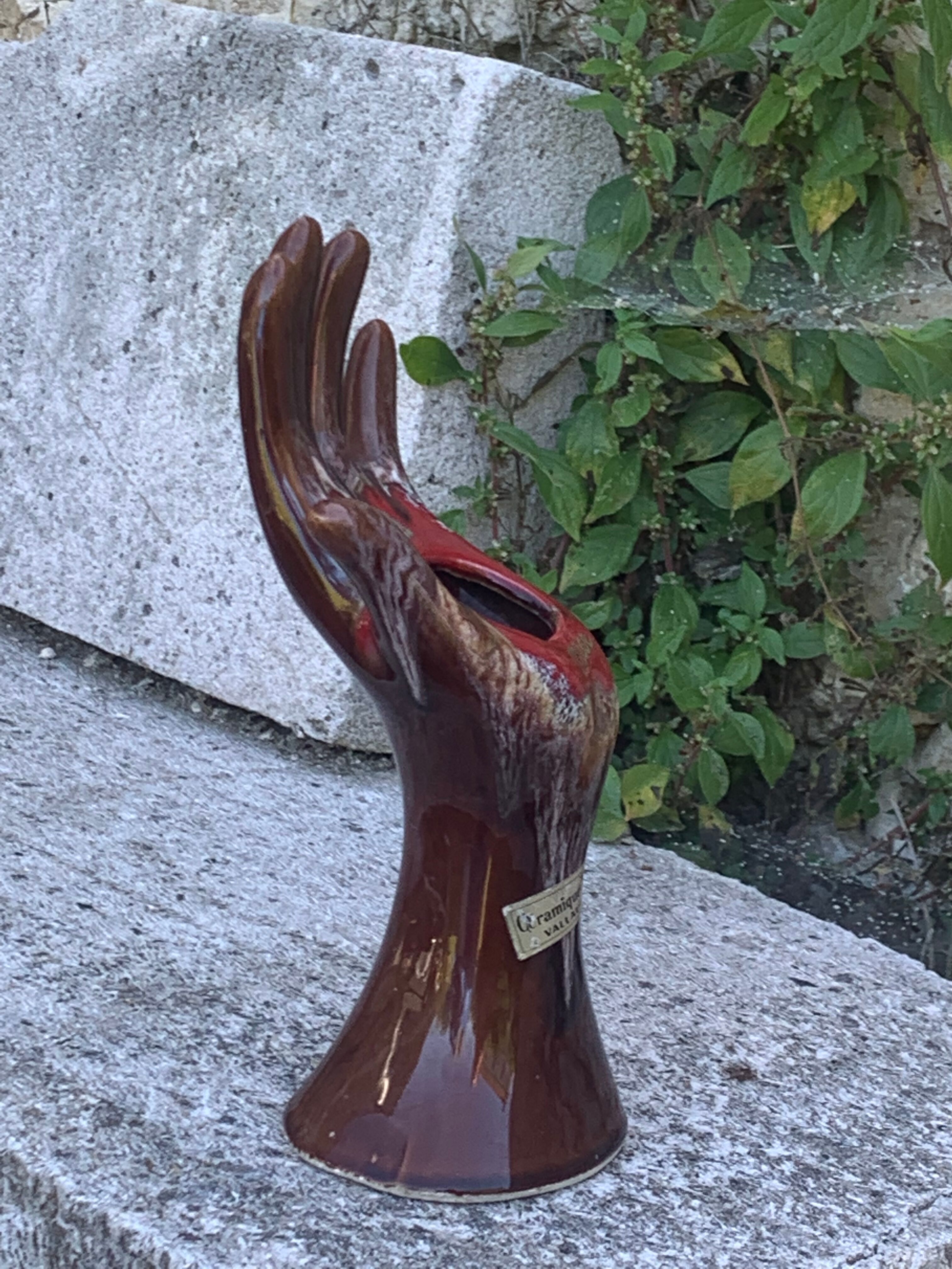 Hand vase in flamed enamelled ceramic stamped vintage vallauris