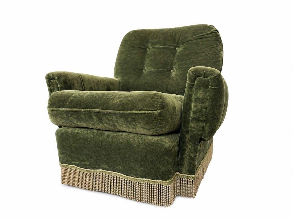 Ensemble de 2 chaises/fauteuils simples vintage verts à franges
